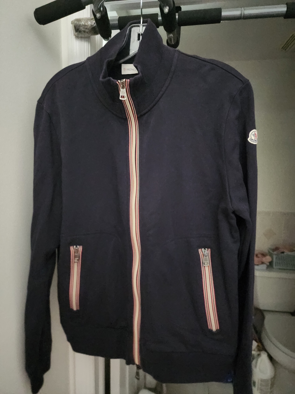 Authentic Moncler Navy Zip-Front Performance Jacket with Tricolor Zipper.S-M.